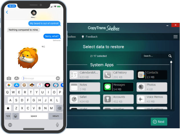 selective restore of contacts and messages with CopyTrans Shelbee