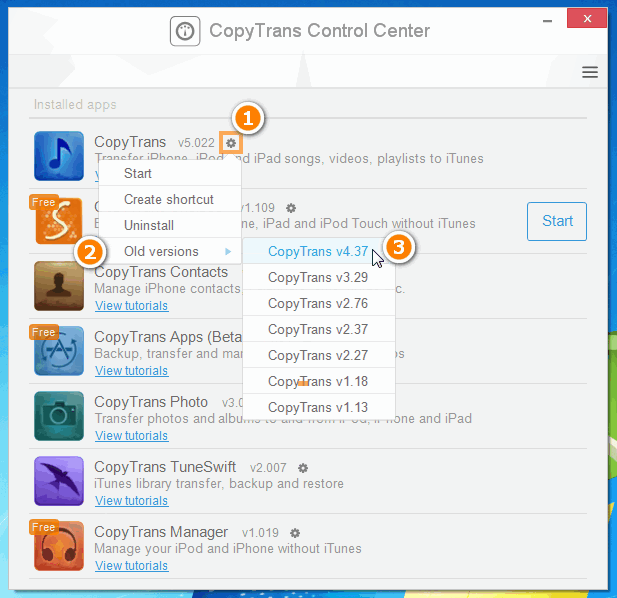 downgrade options in copytrans control center window