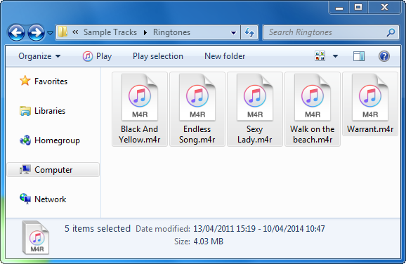 windows explorer window with ringtones