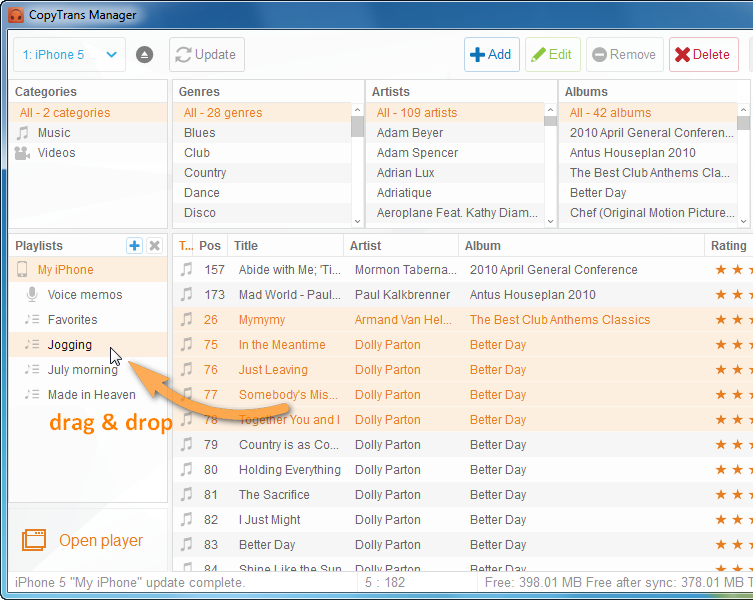 drag and drop tracks from main copytrans manager to the playlist