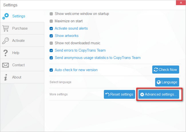 open advanced settings in CopyTrans