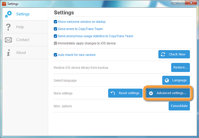 advanced settings button in copytrans manager