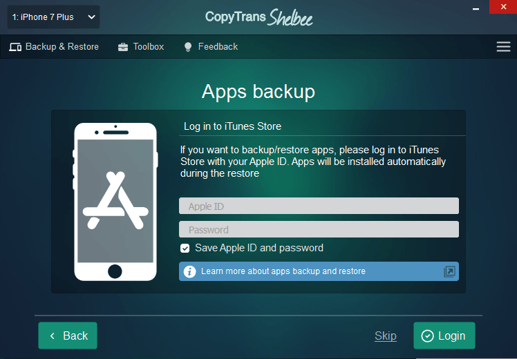 Log in with Apple ID to backup or restore apps