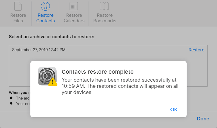 How to restore contacts from iCloud – result