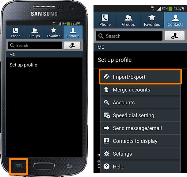 android menu button import or export contacts