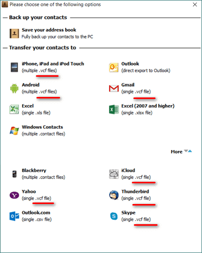 Choose the the option to export contacts in vcf