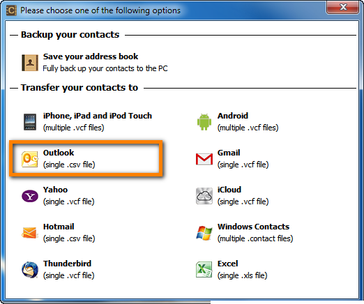 Choose to export iPhone contacts to Outlook