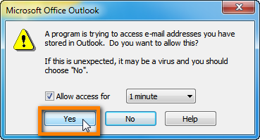 Allow access to Outlook for at least one minite