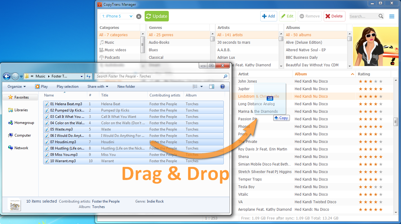 drag and drop music track files from pc to open copytrans manager window