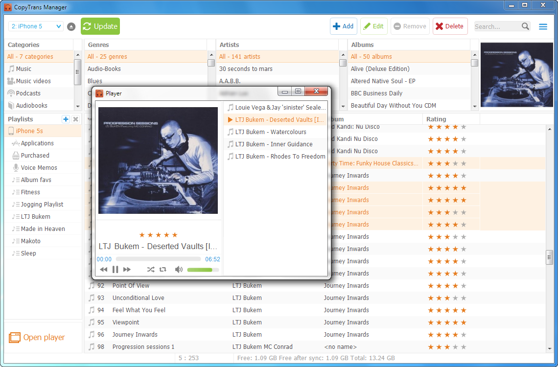 copytrans manager music player window