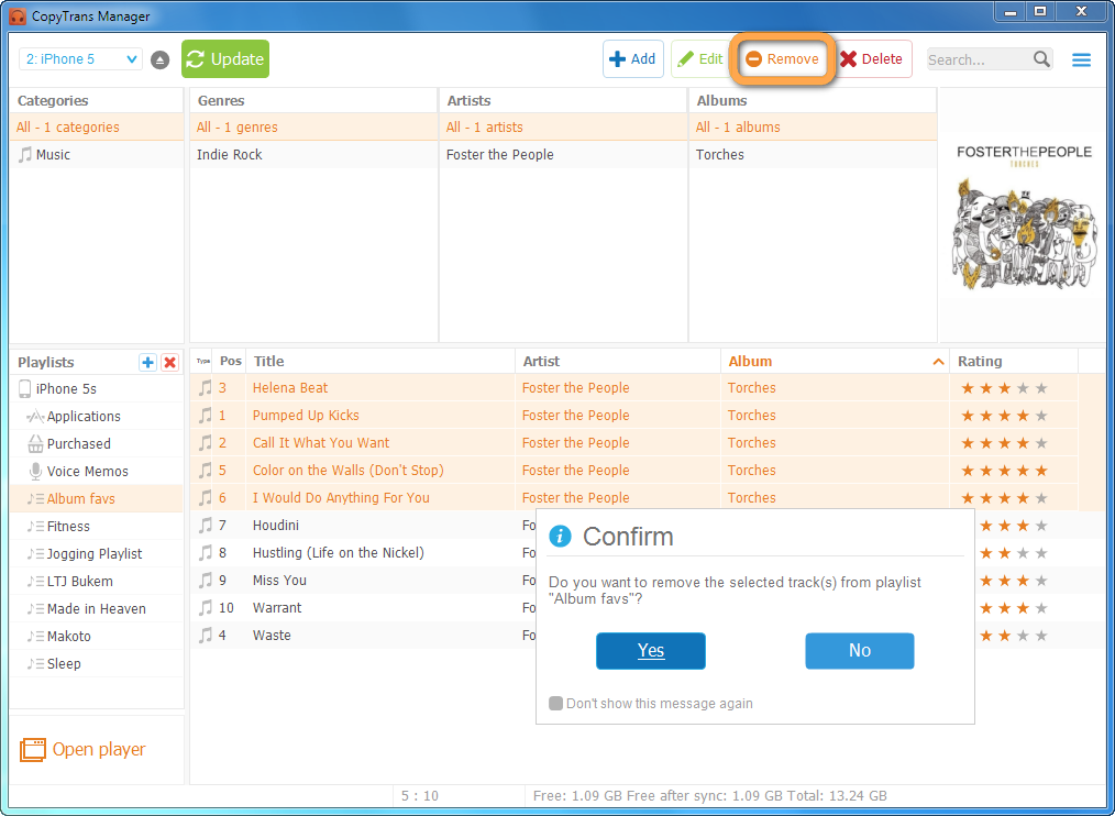 copytrans manager prompt to remove selected tracks from iphone playlist