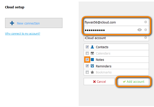 enter apple id and password to connect icloud notes account
