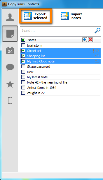 selected icloud notes to export
