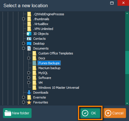 Select iTunes backup location new folder