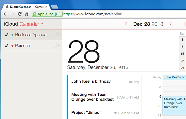 icloud calendar displayed on pc's web browser