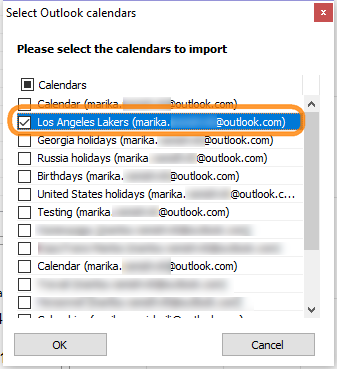 Select an Outlook calendar from the list of calendars