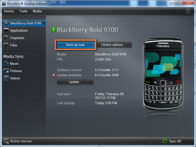 backup blackberry via BlackBerry Desktop software