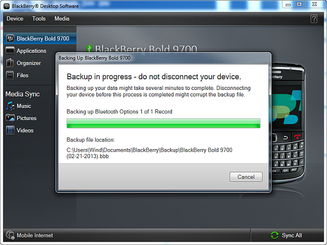 blackberry calendar backup in progress