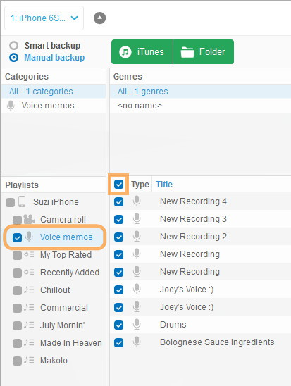 ct select voice memos for backup
