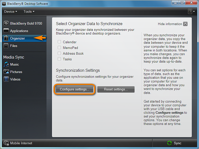 configure blackberry desktop organizer sync settings