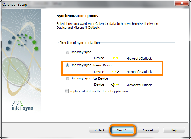 select how you want your calendar data to be synchronized between device and microsoft outlook