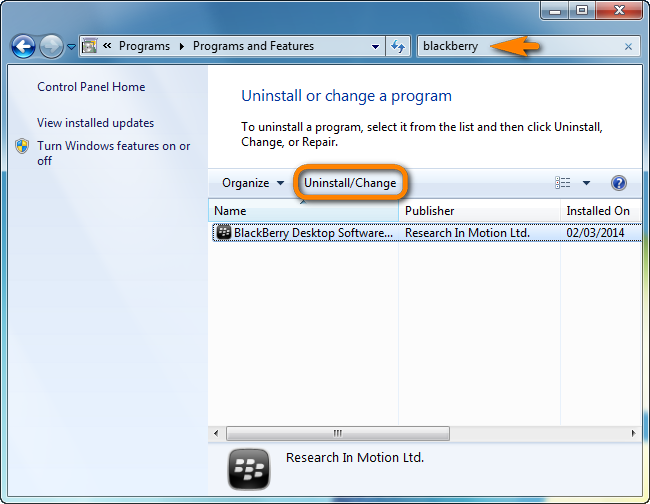 programs and features uninstall/change blackberry desktop