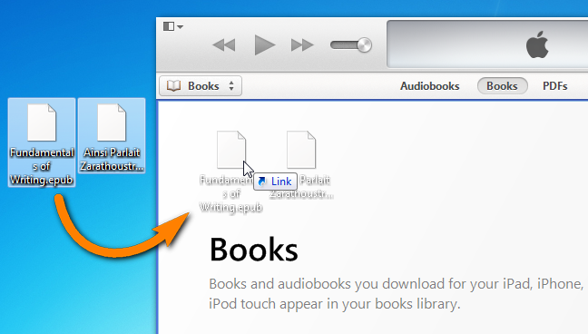 drag and drop epub books to itunes library on pc