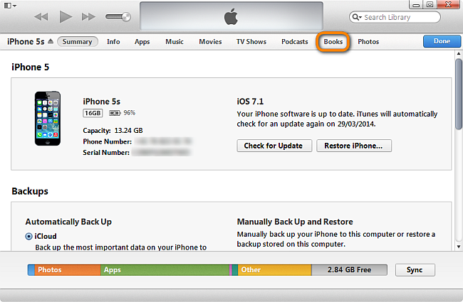iphone books section in itunes window