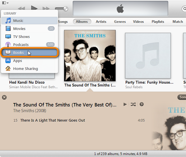 itunes library main window selecting books section
