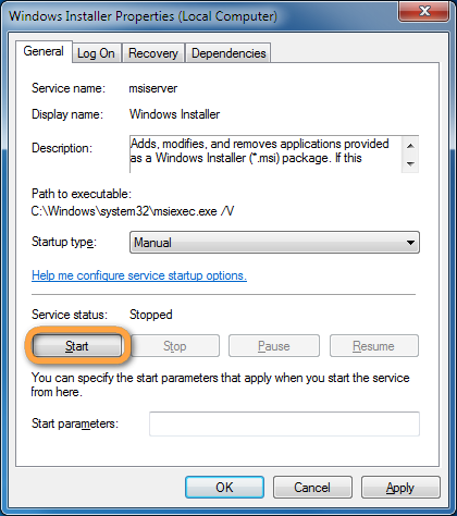 start microsoft windows installer service