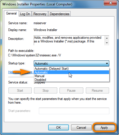 set windows installer service startup type to automatic