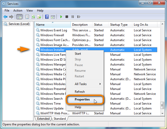 access properties of windows installer service