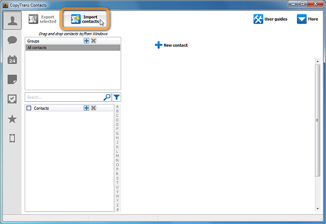 copytrans main window import contacts button