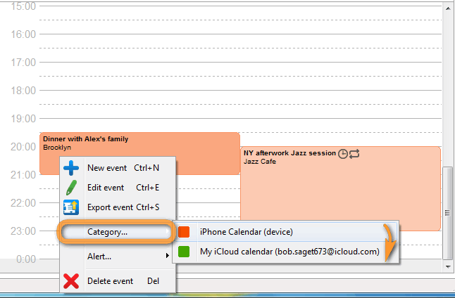 select individual iphone calendar event in copytrans and switch category to icloud calendar