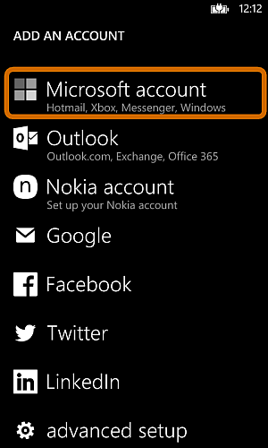 microsoft account on windows phone