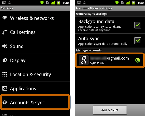 google account under account & sync options on nexus one