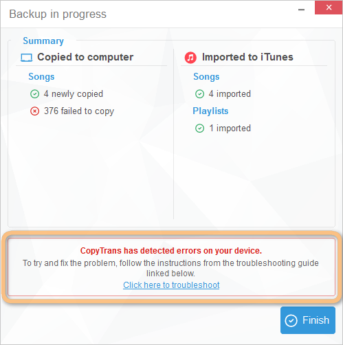 copytrans has detected errors on your ipod - prompt message upon backup end