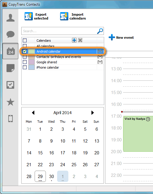 gmail calendar listed in the main copytrans window