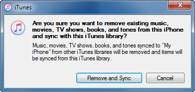 erase and sync prompt in itunes