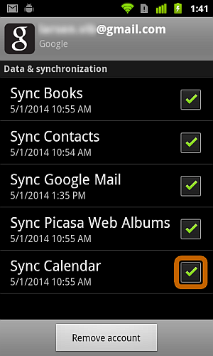 sync calendar check box under accounts and sync options on android