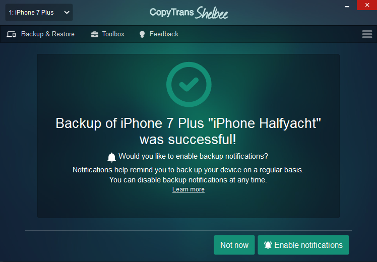 iPhone backup is successful in Shelbee