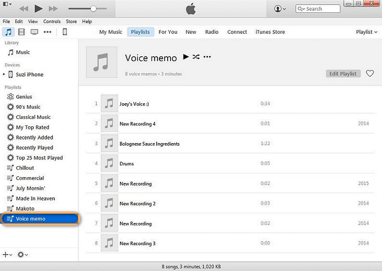 voice memos loaded in itunes