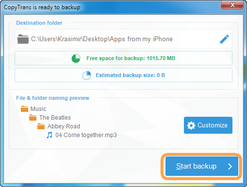 click start backup button in copytrans