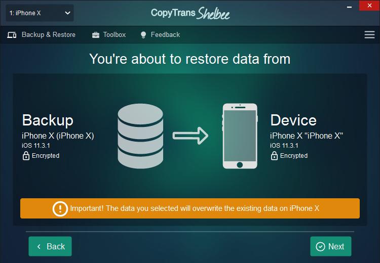 The data you selected will overwrite the existing data on your phone