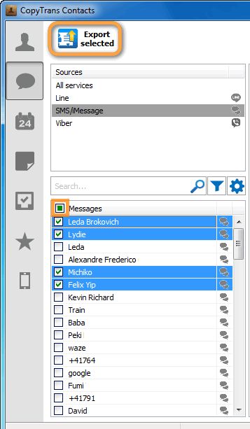 Export selected conversation in CopyTrans Contacts