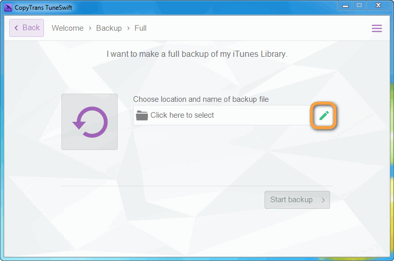 browse to location to save itunes backup file with copytrans tuneswift