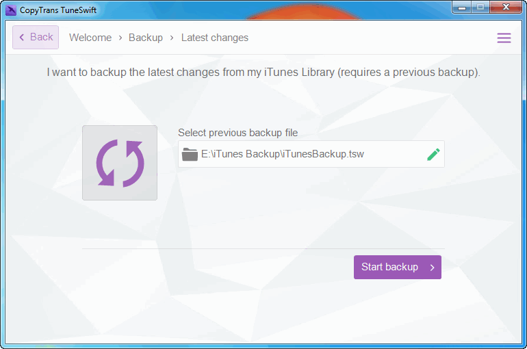 copytrans tuneswift start backup button