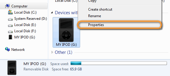 ipod drive properties on windows pc