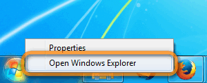 start icon right-click menu to open windows explorer