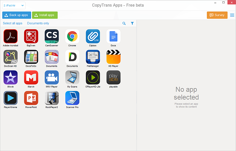 copytrans apps main window with list of iphone apps